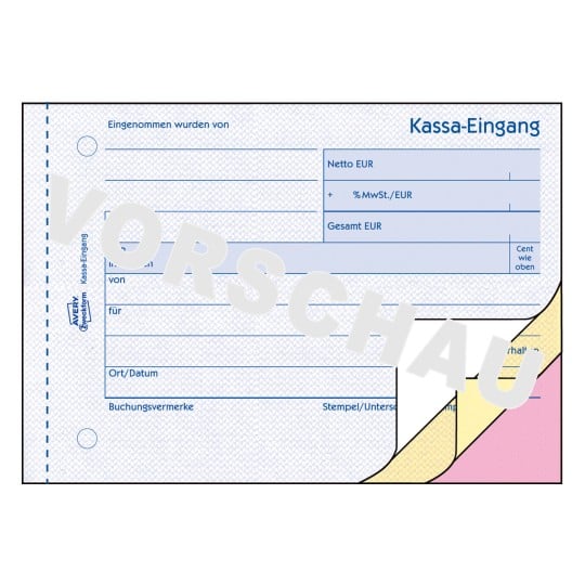 Formularabbildung: Avery Zweckform, Artikel: 1703, Kassa-Eingang, 148 x 105 mm, A6 quer, 3 x 40 Blatt/Buch