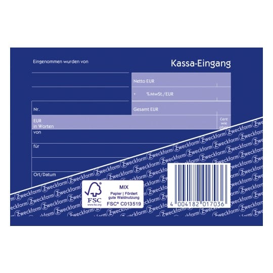 Das Bild zeigt eine Kassenbelegvorlage auf Deutsch, mit der Bezeichnung „Kassa-Eingang“. Es enthält Felder zum Eingeben von Details wie dem Betrag in Euro, dem Namen der Person und dem Datum.