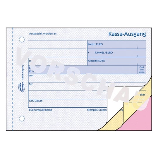 Formularabbildung: Avery Zweckform, Artikel: 1709, Kassa-Ausgang, 148 x 105 mm, A6 quer, 3 x 40 Blatt/Buch