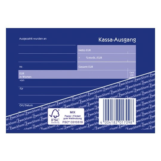 Das Bild zeigt ein Formular mit der Bezeichnung 'Kassa-Ausgang' auf Deutsch, das Abschnitte für Zahlungsdetails enthält, wie EUR-Beträge, Zwecke und andere Transaktionsdaten.