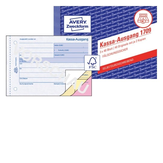 Produktabbildung mit Formularvorschau: Avery Zweckform, Artikel: 1709, Kassa-Ausgang, 148 x 105 mm, A6 quer, 3 x 40 Blatt/Buch