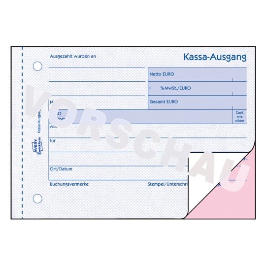 Das Bild zeigt ein Formular mit der Bezeichnung "Kassa-Ausgang", das für die Aufzeichnung von Barzahlungen verwendet wird. Es enthält Abschnitte für Beträge in Euro sowie Details zur Transaktion, einschließlich Platz für Unterschriften und Daten.