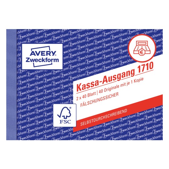 Das Bild zeigt die Verpackung für Avery Zweckform Kassa-Ausgang 1710, die 2 Sätze mit je 40 Blatt für Kassenbons enthält, als Originale mit einer Kopie gekennzeichnet sind und als fälschungssicher beschrieben wird.