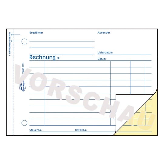 Formularabbildung: Avery Zweckform, Artikel: 1714, Rechnung, 148 x 105 mm, A6 quer, 2 x 40 Blatt/Buch
