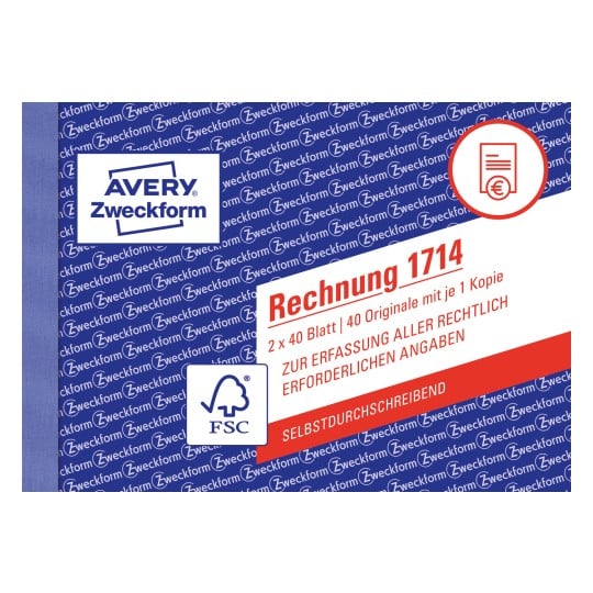 Produktabbildung: Avery Zweckform, Artikel: 1714, Rechnung, 148 x 105 mm, A6 quer, 2 x 40 Blatt/Buch