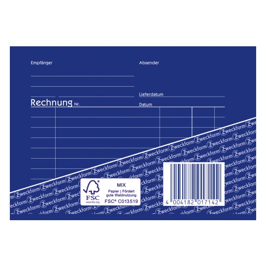 Das Bild zeigt eine blaue Rechnungsvorlage mit Abschnitten für Empfänger, Absender, Rechnungsnummer, Lieferdatum und Datum. Es enthält einen Barcode und ein FSC-Label.