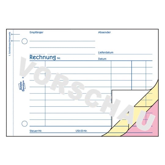 Formularabbildung: Avery Zweckform, Artikel: 1718, Rechnung, 148 x 105 mm, A6 quer, 3 x 40 Blatt/Buch