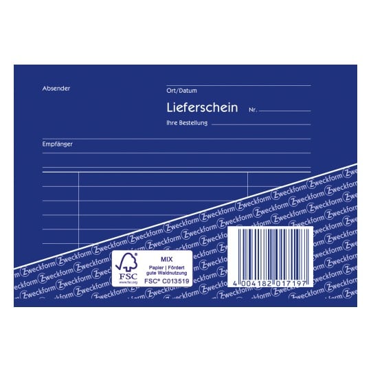 Das Bild zeigt einen Lieferschein mit Feldern für Absender- und Empfängerdaten, einem Barcode und dem Branding von Zweckform. Es hat einen blauen Hintergrund und ist für die Erfassung von Lieferdetails konzipiert.