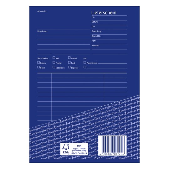 Das Bild zeigt ein Layout eines Lieferscheins mit Abschnitten für Absender- und Empfängerinformationen, Bestelldetails und Kontrollkästchen für die Liefermethode. Es enthält einen blauen Hintergrund, verschiedene Eingabefelder und ein gedrucktes FSC-Label.