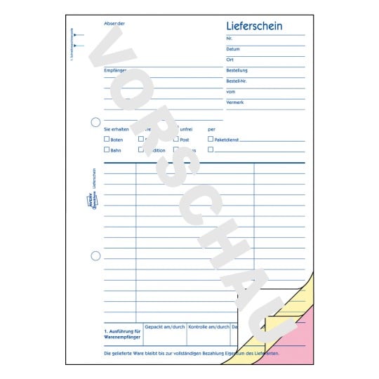 Formularabbildung: Avery Zweckform, Artikel: 1721, Lieferscheine mit Empfangsschein, 148 x 210 mm, A5, 3 x 40 Blatt/Buch