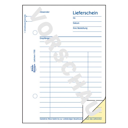 Formularabbildung: Avery Zweckform, Artikel: 1722, Lieferschein, 105 x 148 mm, A6, 2 x 40 Blatt/Buch