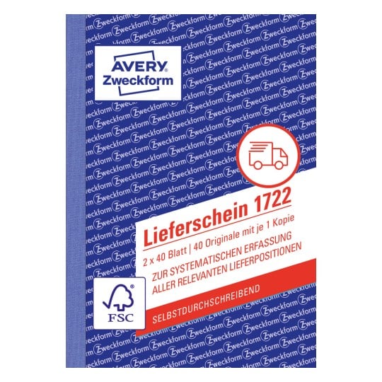 Produktabbildung: Avery Zweckform, Artikel: 1722, Lieferschein, 105 x 148 mm, A6, 2 x 40 Blatt/Buch