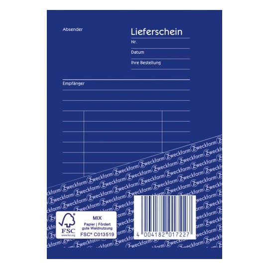 Das Bild zeigt einen Lieferschein mit Abschnitten für Absender, Empfänger, Bestellnummer, Datum und zusätzliche Details. Das Design ist hauptsächlich blau, mit einem Wasserzeichen und einem Barcode am unteren Rand.