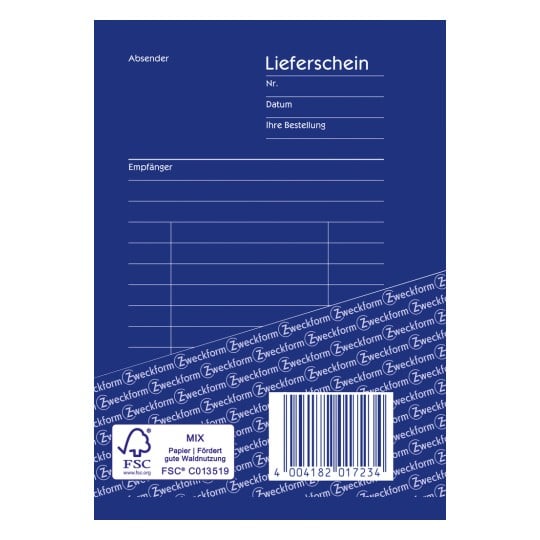 Das Bild zeigt einen blauen Lieferschein mit Abschnitten für Absender, Empfänger und Auftragsdetails sowie einen Barcode und FSC-Informationen.