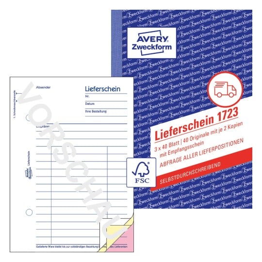 Produktabbildung mit Formularvorschau: Avery Zweckform, Artikel: 1723, Lieferscheine mit Empfangsschein, 105 x 148 mm, A6, 3 x 40 Blatt/Buch