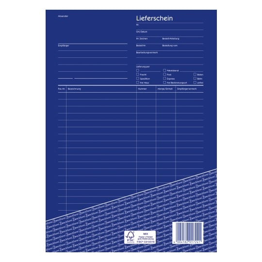 Dieses Bild zeigt eine Vorlage eines Lieferscheins mit Abschnitten für Absender- und Empfängerinformationen, Bestelldetails und Versandmethode. Es enthält verschiedene Kontrollkästchen für Lieferoptionen und Felder für die Artikelauflistung.