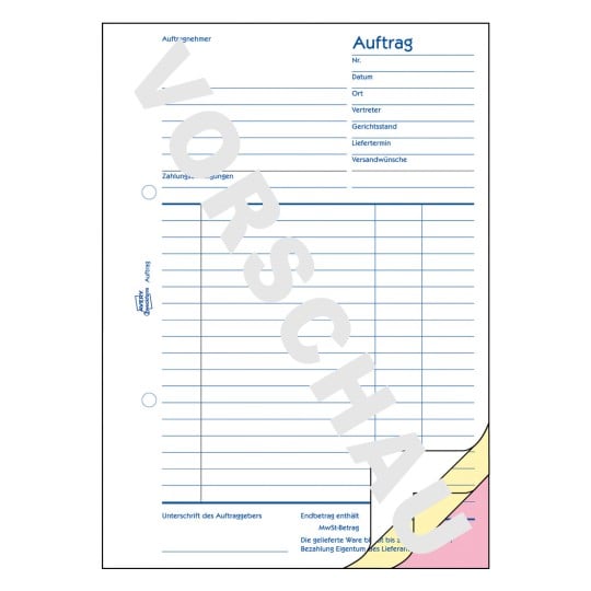 Formularabbildung: Avery Zweckform, Artikel: 1726, Auftrag, 148 x 210 mm, A5, 3 x 40 Blatt/Buch