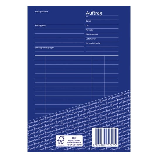 Das Bild zeigt ein formelles Dokumentenlayout, wahrscheinlich ein Bestellformular, auf Deutsch. Es enthält Abschnitte für Details wie Auftragnehmer, Auftraggeber, Datum, Ort, Vertreter, Lieferdatum, Zahlungsbedingungen und hat einen blauen Hintergrund mit dem Wort 'Auftrag' gut sichtbar dargestellt.