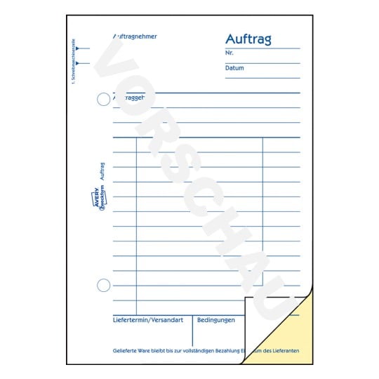 Formularabbildung: Avery Zweckform, Artikel: 1727, Auftrag, 105 x 148 mm, A6, 2 x 40 Blatt/Buch