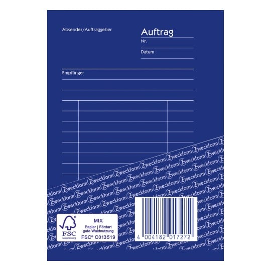 Das Bild zeigt ein blaues Dokument mit Abschnitten, die mit Absender, Empfänger, Bestellnummer und Datum beschriftet sind, sowie einem Barcode und einem Logo, das darauf hinweist, dass es aus umweltfreundlichem Papier besteht.