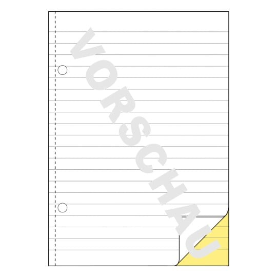 Das Bild zeigt ein liniertes Blatt Papier mit einer gelben Ecke. Das Wort 'VORSCHAU' ist in großen, hellen Buchstaben auffällig über die Seite geschrieben.