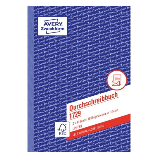 Das Bild zeigt ein Notizbuch von Avery Zweckform mit einem blauen Umschlag, auf dem wiederholt die Marke zu sehen ist. Es weist darauf hin, dass das Produkt ein selbstdurchschreibendes Durchschlagbuch mit 2 Sätzen à 40 Blatt, liniert, ist.