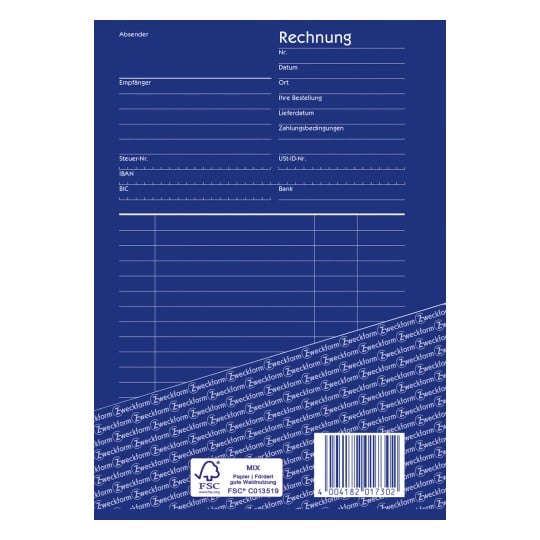 Das Bild zeigt eine leere Rechnungsvorlage auf Deutsch, mit der Bezeichnung 'Rechnung.' Sie enthält Abschnitte für den Absender, den Empfänger, Bestelldetails, Lieferdatum, Zahlungsbedingungen und Bankinformationen. Der Hintergrund hat ein wiederholtes Muster mit dem Wort 'Zweckform.'