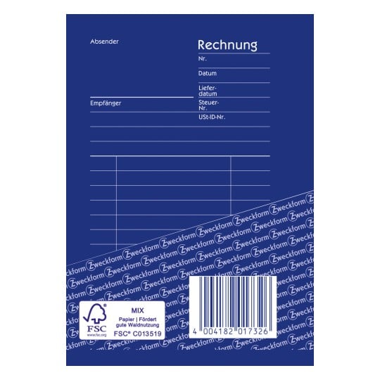 Das Bild zeigt eine blaue Rechnungsvorlage mit Abschnitten für Absender, Empfänger, Rechnungsnummer, Datum, Lieferdatum, Steuernummer und USt-IdNr. Das Design weist ein Wasserzeichenmuster auf und enthält ein FSC-Label.