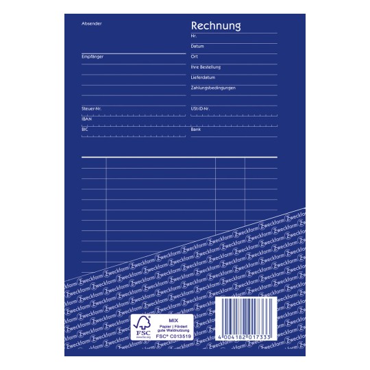 Das Bild ist eine Vorlage für eine Rechnung oder einen Beleg, mit Abschnitten für Absenderinformationen, Empfängerdetails, Daten, Bestelldetails, Zahlungsbedingungen und Bankinformationen. Es hat einen blauen Hintergrund mit einigen aufgedruckten Logos und einem Barcode.