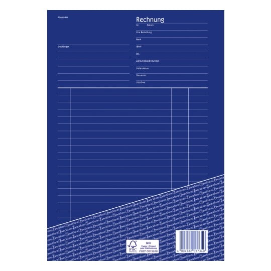 Das Bild zeigt eine blaue Rechnungsvorlage mit Abschnitten für Absender, Empfänger, Bestelldetails, Bankinformationen, Zahlungsbedingungen, Lieferdatum, Steuernummern und mehr. Das Design beinhaltet Linien zum Ausfüllen von Details sowie ein Logo oder einen Text, der es als 'Zweckform'-Produkt am unteren Rand kennzeichnet.
