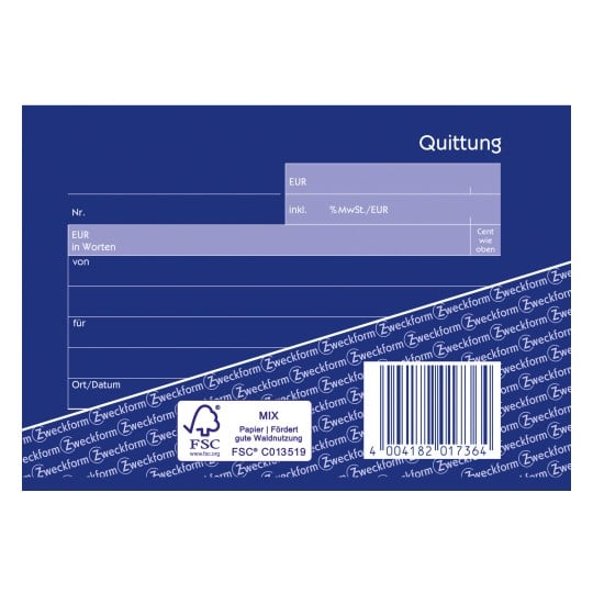 Das Bild zeigt eine Quittungsvorlage mit Abschnitten für Nummer, Betrag in Euro und Informationen zur Transaktion, einschließlich eines Barcodes und einer FSC-Zertifizierung.