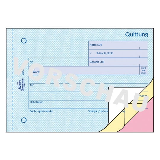Formularabbildung: Avery Zweckform, Artikel: 1737, Quittung MwSt. separat ausgewiesen, 148 x 105 mm, A6 quer, 3 x 40 Blatt/Block