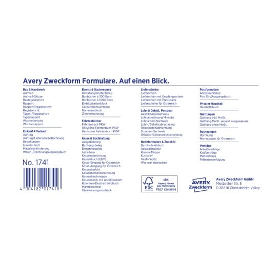Das Bild zeigt eine Liste verschiedener Formulare und Vorlagen aus unterschiedlichen Bereichen wie Bauwesen, Vertrieb, Veranstaltungen, Personalverwaltung, Buchhaltung und Verträge, die von Avery Zweckform erstellt wurden, zusammen mit Unternehmensdetails.