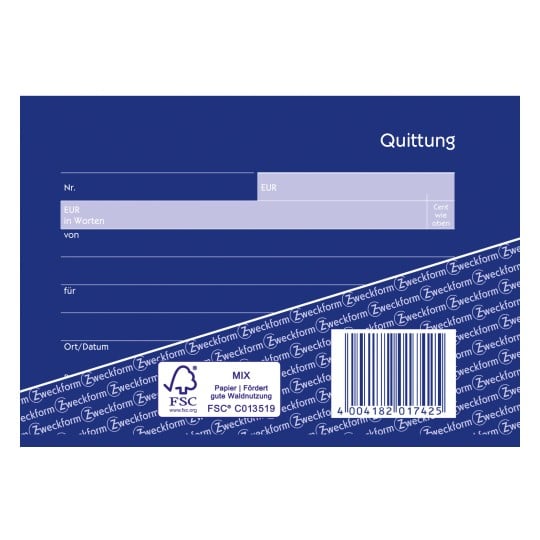 Das Bild zeigt eine Quittungsvorlage mit blauem Hintergrund. Sie enthält Felder für Nummer, Betrag in Euro, Betrag in Worten, Absender, Empfänger und Datum. Unten befindet sich ein Barcode sowie ein FSC-Zertifizierungslabel.