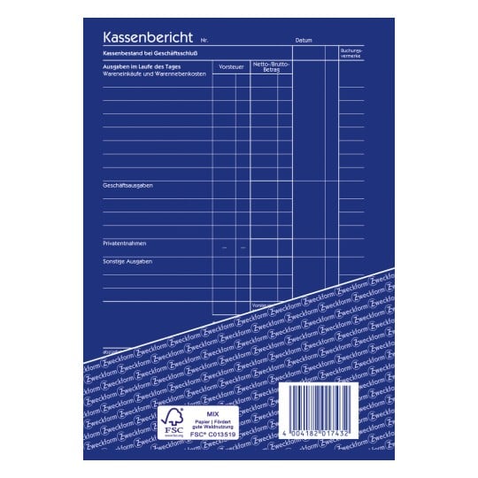 Ein Kassenberichtformular in deutscher Sprache mit dem Titel 'Kassenbericht', das Abschnitte für tägliche Ausgaben, Steuern, Netto-/Bruttobeträge und verschiedene Kategorien wie Wareneinkäufe und sonstige Ausgaben enthält.