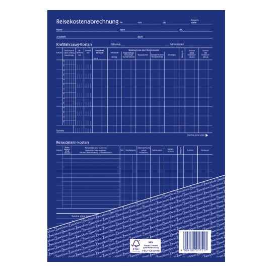 Ein Bild eines Reisekostenabrechnungsformulars auf Deutsch. Es enthält Abschnitte für Fahrzeugkosten und Reisedaten mit Feldern für Daten, Kilometer, Kosten und Ausgaben. Das Formular ist hauptsächlich blau mit gedrucktem Text und Tabellen für Berechnungen.
