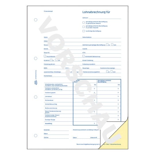 Formularabbildung: Avery Zweckform, Artikel: 1752, Lohnabrechnung für geringf. Beschäftigte, 210 x 297 mm, A4, 2 x 40 Blatt/Buch