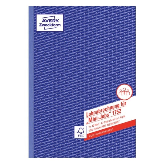 Produktabbildung: Avery Zweckform, Artikel: 1752, Lohnabrechnung für geringf. Beschäftigte, 210 x 297 mm, A4, 2 x 40 Blatt/Buch