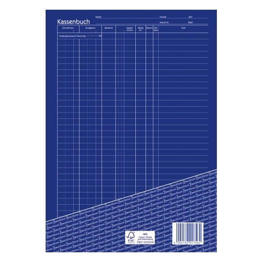 Das Bild zeigt eine leere Kassenbuchvorlage mit Abschnitten für Einnahmen, Ausgaben und andere relevante Finanzdaten. Es hat einen blauen Hintergrund mit beschrifteten Zeilen und Spalten zur Erfassung von Transaktionen.