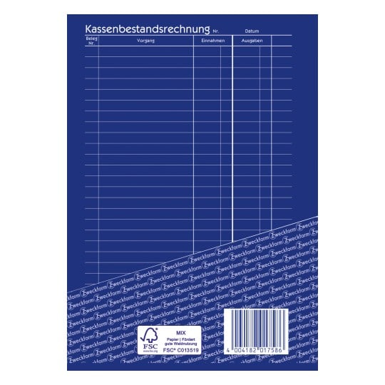 Das Bild zeigt ein Blatt mit dem Titel 'Kassenbestandsrechnung', das Spalten für Vorgangsnummer, Transaktion, Einnahmen und Ausgaben enthält. Es ist für Finanzdokumentationen konzipiert, mit leeren Zeilen und einem blauen Hintergrund mit einem Recycling-Logo am unteren Rand.