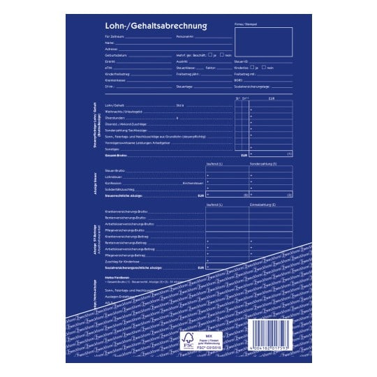 Das Bild zeigt eine Vorlage für ein deutsches Gehaltsabrechnungsdokument mit Bereichen für persönliche Informationen, Gehaltsdetails, Steuerabzüge und Sozialversicherungsbeiträge. Es enthält Felder für Beträge und ist in einem strukturierten Layout für die Finanzbuchhaltung formatiert.