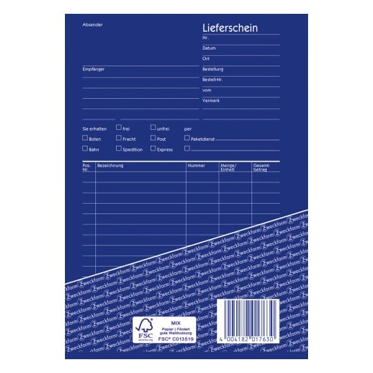 Das Bild zeigt eine Vorlage für einen Lieferschein. Sie enthält Felder für Absender- und Empfängerinformationen, Bestellangaben und Liefermethodenoptionen, sowie Abschnitte für Artikelbeschreibungen und Gesamtbeträge. Das Design ist überwiegend blau mit einem blassen, wiederholten Logo am unteren Rand und einem FSC-Zertifizierungslabel.