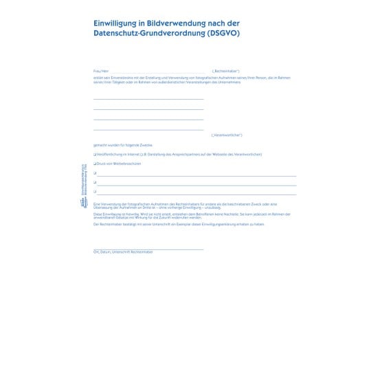 Formularabbildung: Avery Zweckform, Artikel: 1765, Einwilligung Bildnisverwendung, 210 x 297 mm, A4, 2 x 40 Blatt/Buch