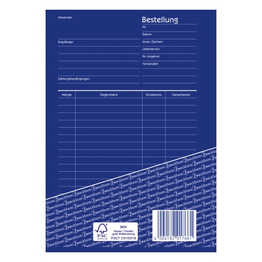 Das Bild zeigt ein leeres Bestellformular in deutscher Sprache, das Felder für Absender, Empfänger, Bestellnummer, Datum, Lieferdetails, Zahlungsbedingungen und Artikeldetails mit Preisspalten enthält.