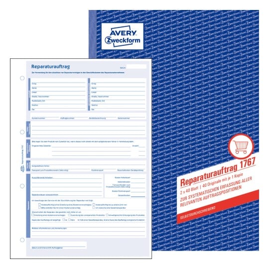 Produktabbildung mit Formularvorschau: Avery Zweckform, Artikel: 1767, Auftrag, 210 x 297 mm, A4, 2 x 40 Blatt/Buch