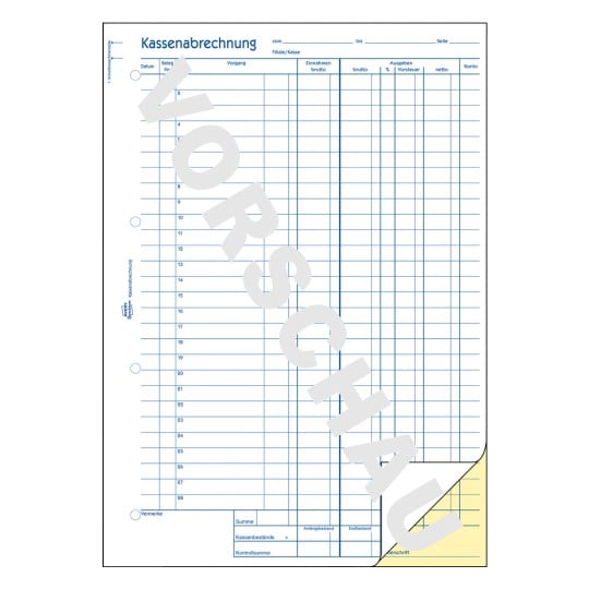 Formularabbildung: Avery Zweckform, Artikel: 1768, Kassenabrechnung, 210 x 297 mm, A4, 2 x 40 Blatt/Buch