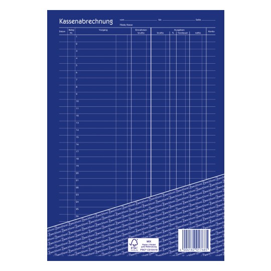 Das Bild zeigt ein leeres Kassenabrechnungsformular mit Überschriften für Datum, Belegnummer, Transaktionen, Einnahmen, Ausgaben und Kontodetails, vor einem blauen Hintergrund.