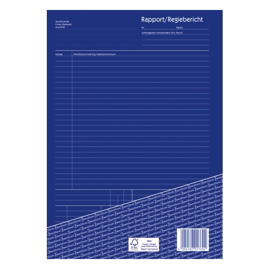Das Bild zeigt eine blaue Berichtsvorlage mit dem Titel 'Rapport/Regiebericht', mit Abschnitten für Unternehmensdetails, Datum und Arbeitsbeschreibungen sowie Zeilen zum Eintragen von Daten.