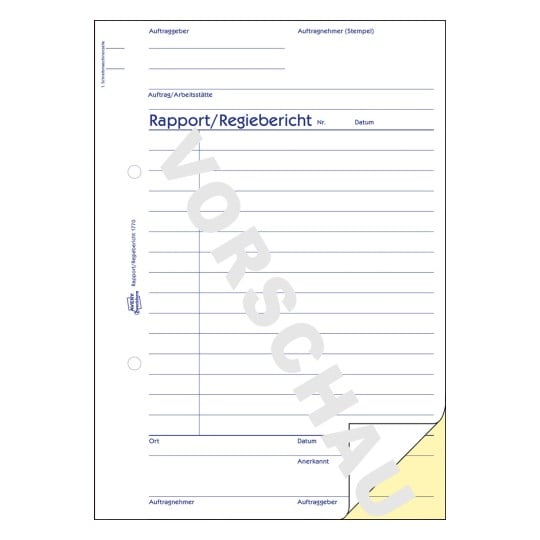 Formularabbildung: Avery Zweckform, Artikel: 1770, Rapport/Regiebericht, 148 x 210 mm, A5, 2 x 40 Blatt/Buch