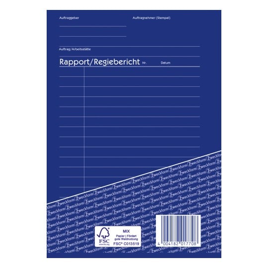 Das Bild zeigt ein blaues Berichtsformular mit Abschnitten, die mit Auftraggeber, Auftragnehmer, Auftrag/Arbeitsstätte und Rapport/Regiebericht beschriftet sind. Das Formular enthält Zeilen zum Eingeben von Informationen und weist einen Barcode sowie eine FSC-Zertifizierung am unteren Rand auf.